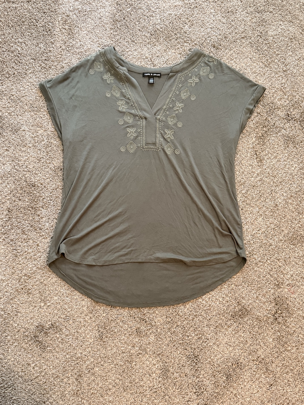 Cable & Gauge Olive Embroidered V-Neck Tunic
